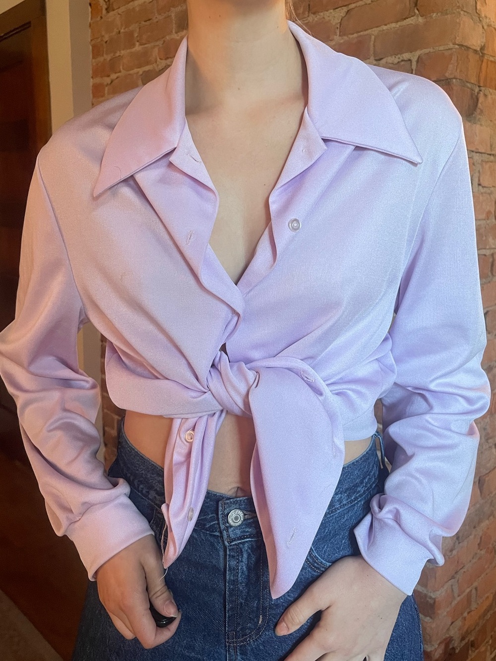 Tie-Front Button Down Shirt - Light Lavender